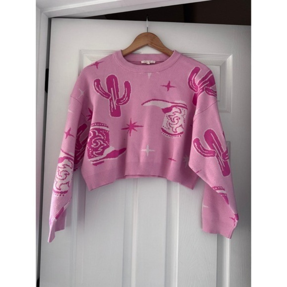 Space Cowgirl Pink Bold Graphic Womens Cropped Sweater